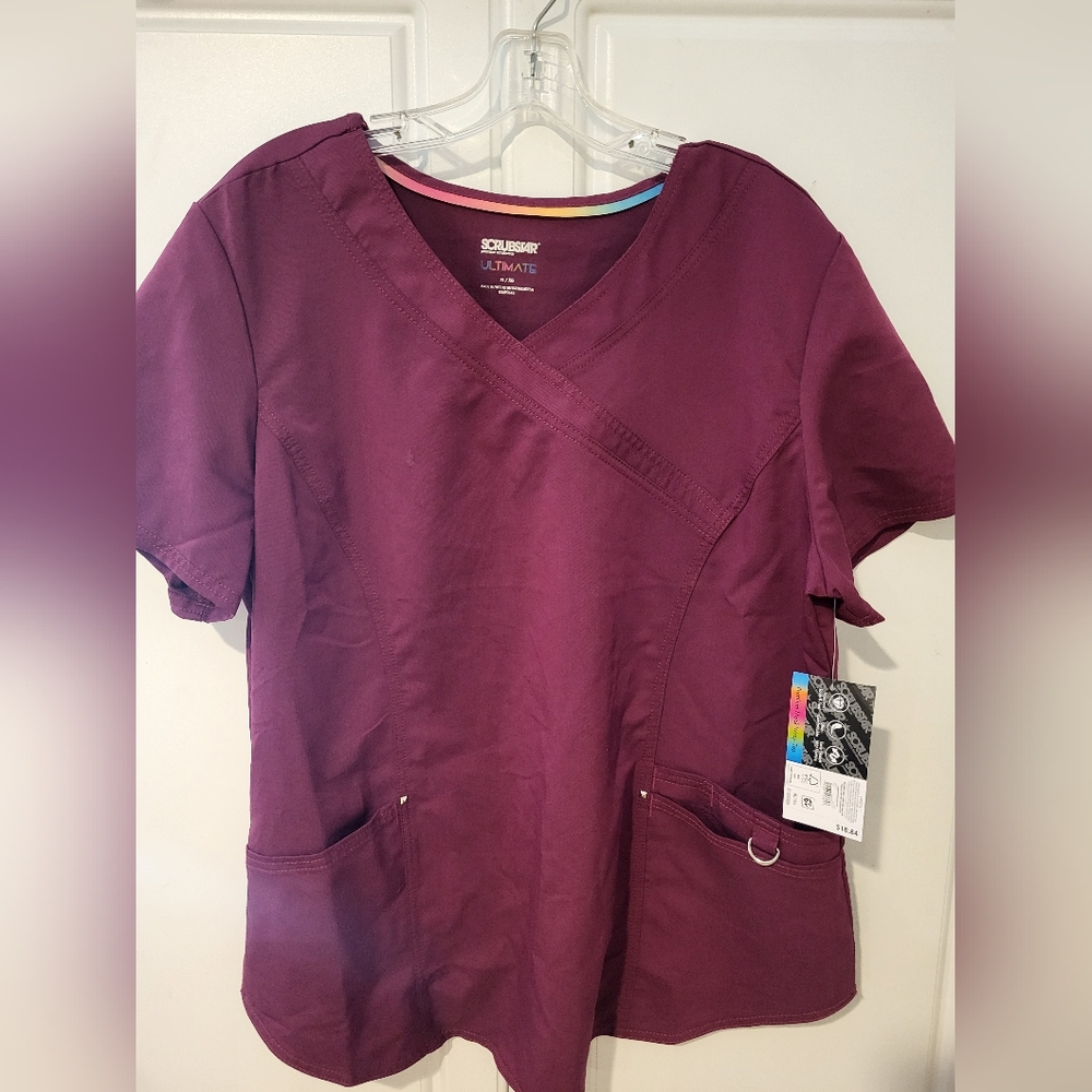 Scrubstar Medical Nursing Scrub Shirt Size XL  NWT Eggplant Double Pockets